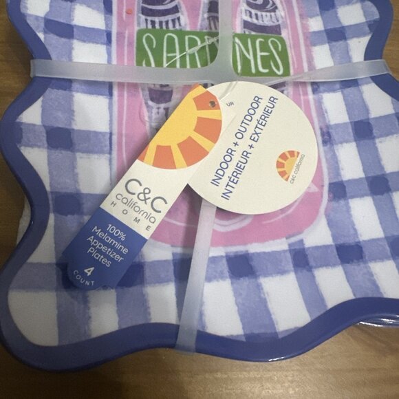 Set Of 4 C&C Cali Assorted SARDINES Melamine Appetizer Plates Nautical Blue - Picture 3 of 7